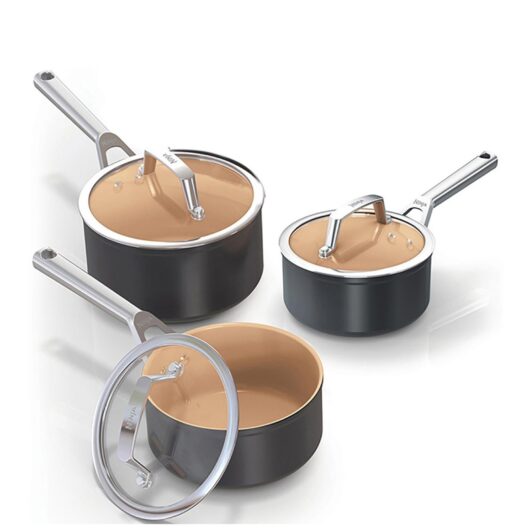Ninja Extended Life Ceramic 3-Piece Saucepan Set CW93000UK Apricot and Grey